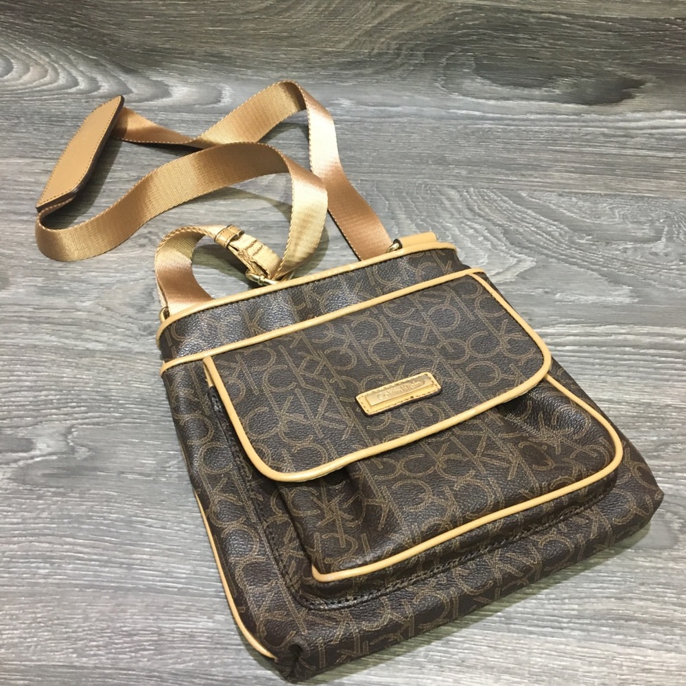 Calvin Klein Monogram Crossbody Bag Brown Tan Gold
